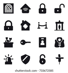 16 vector icon set : fingerprint, wireless home, lock, unlock, smart house, vip fence, detector, inspector, key, identity card, life vest, alarm, scarecrow