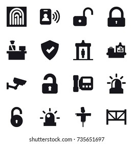 16 vector icon set : fingerprint, pass card, unlock, lock, detector, baggage checking, surveillance, unlocked, intercome, alarm, scarecrow, farm fence