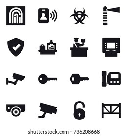 16 vector icon set : fingerprint, pass card, lighthouse, baggage checking, inspector, atm, surveillance, key, intercome, surveillance camera, farm fence