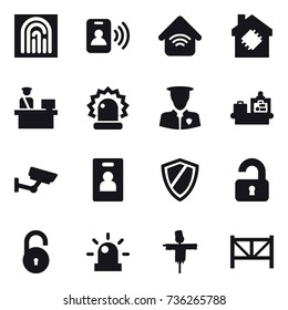 16 vector icon set : fingerprint, pass card, wireless home, smart house, baggage checking, surveillance, identity card, shield, unlocked, scarecrow, farm fence