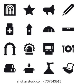 16 vector icon set : fingerprint, star, megafon, tower, hangare, level, arch, atm, cafe, package, plunger, floor washing