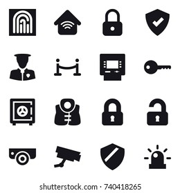 16 vector icon set : fingerprint, wireless home, lock, vip fence, atm, key, safe, life vest, locked, unlocked, surveillance camera