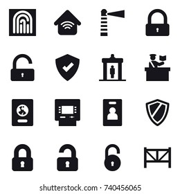 16 vector icon set : fingerprint, wireless home, lighthouse, lock, unlock, detector, inspector, passport, atm, identity card, shield, locked, unlocked, farm fence