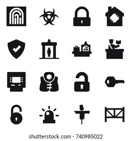 16 vector icon set : fingerprint, lock, smart house, detector, baggage checking, inspector, atm, life vest, unlocked, key, scarecrow, farm fence