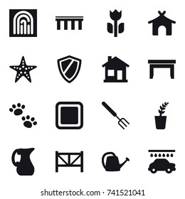 16 vector icon set : fingerprint, bridge, bungalow, starfish, shield, home, table, pets, cutting board, big fork, seedling, jug, farm fence, watering can, car wash