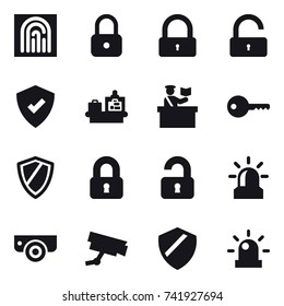 16 vector icon set : fingerprint, lock, unlock, baggage checking, inspector, key, shield, locked, unlocked, alarm, surveillance camera