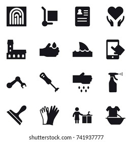 16 vector icon set : fingerprint, cargo stoller, mansion, shark flipper, sow, sprayer, scraper, gloves, kitchen cleaning, handle washing