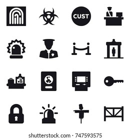 16 vector icon set : fingerprint, vip fence, detector, baggage checking, passport, atm, key, locked, alarm, scarecrow, farm fence