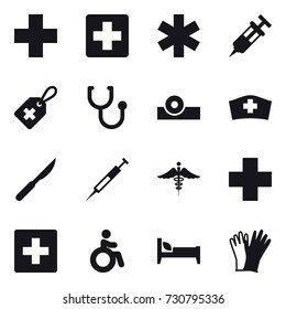 16 vector icon set : first aid, invalid, bed, gloves