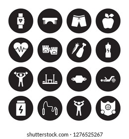 16 vector icon set : Fitness Tracker, Exercise, Exercise bands, Fitness, Ball, Elevation mask, fitness Heart, Body, Food isolated on black background