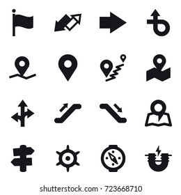 16 vector icon set : flag, up down arrow, right arrow, escalator, escalator, map, signpost, hand wheel, compass