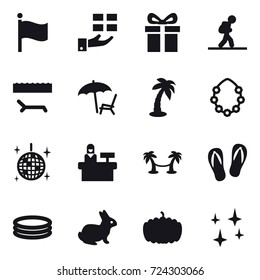 16 vector icon set : flag, gift, tourist, lounger, palm, hawaiian wreath, disco ball, reception, palm hammock, flip-flops, inflatable pool, rabbit, pumpkin, shining