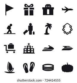 16 vector icon set : flag, gift, plane, tourist, passenger, palm, hawaiian wreath, baggage trolley, hotel, jet ski, yacht, windsurfing, flip-flops, inflatable pool, pumpkin