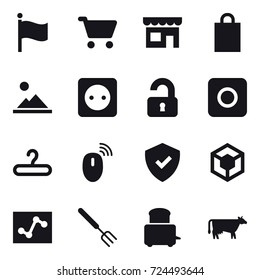 16 vector icon set : flag, cart, shop, shopping bag, landscape, power socket, unlocked, ring button, hanger, big fork, cow