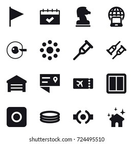 16 vector icon set : flag, calendar, chess horse, notebook globe, cell corection, round around, garage, ticket, power switch, ring button, inflatable pool, house cleaning