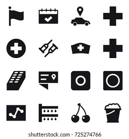 16 vector icon set : flag, calendar, car pointer, brick, ring button, watering, cherry, foam bucket