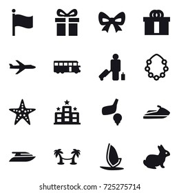 16 vector icon set : flag, gift, bow, plane, bus, passenger, hawaiian wreath, starfish, hotel, golf, jet ski, yacht, palm hammock, windsurfing, rabbit