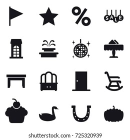 16 vector icon set : flag, star, percent, sale, building, fountain, disco ball, restaurant, table, dresser, door, rocking chair, goose, horseshoe, pumpkin