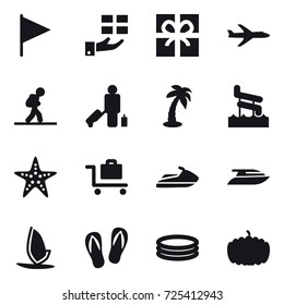 16 vector icon set : flag, gift, plane, tourist, passenger, palm, aquapark, starfish, baggage trolley, jet ski, yacht, windsurfing, flip-flops, inflatable pool, pumpkin