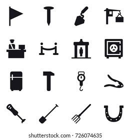 16 vector icon set : flag, nail, construction, vip fence, detector, safe, fridge, handle scales, walnut crack, shovel, fork, horseshoe