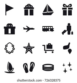 16 vector icon set : flag, gift, boat, plane, bus, passenger, hawaiian wreath, starfish, baggage trolley, golf, windsurfing, flip-flops, inflatable pool, shining