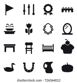 16 vector icon set : flag, equalizer, medal, bridge, fountain, hawaiian wreath, mirror, table, chair, crib, goose, horseshoe, jug, pumpkin