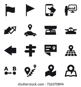 16 vector icon set : flag, touch, presentation, up down arrow, car pointer, market scales, scales, left arrow, singlepost, map
