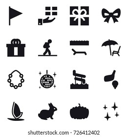 16 vector icon set : flag, gift, bow, tourist, lounger, hawaiian wreath, disco ball, aquapark, golf, windsurfing, rabbit, pumpkin, shining