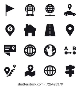 16 vector icon set : flag, notebook globe, globe connect, car pointer, dollar pin, home, globe, signpost