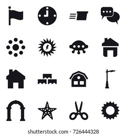 16 vector icon set : flag, clock, delivery, discussion, round around, sun power, ufo, home, block wall, house, outdoor light, arch, starfish, scissors, sun