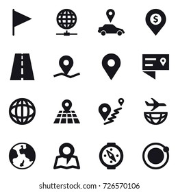 16 vector icon set : flag, globe connect, car pointer, dollar pin, earth, map, compass