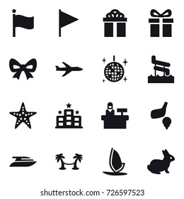 16 vector icon set : flag, gift, bow, plane, disco ball, aquapark, starfish, hotel, reception, golf, yacht, palm hammock, windsurfing, rabbit