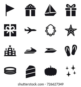 16 vector icon set : flag, gift, boat, plane, hawaiian wreath, starfish, hotel, jet ski, yacht, flip-flops, inflatable pool, pumpkin, shining
