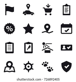 16 vector icon set : flag, car pointer, add to cart, clipboard, percent, star, check in, map, handwheel, pets