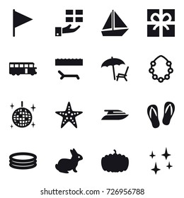 16 vector icon set : flag, gift, boat, bus, lounger, hawaiian wreath, disco ball, starfish, yacht, flip-flops, inflatable pool, rabbit, pumpkin, shining
