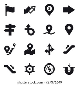 16 vector icon set : flag, up down arrow, dollar pin, right arrow, singlepost, escalator, handwheel, compass