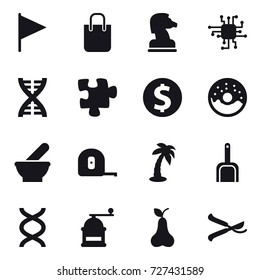 16 vector icon set : flag, shopping bag, chess horse, chip, dna, puzzle, dollar coin, donut, measuring tape, palm, scoop, hand mill, pear, pruner
