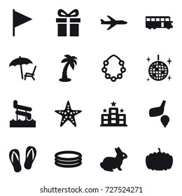 16 vector icon set : flag, gift, plane, bus, lounger, palm, hawaiian wreath, disco ball, aquapark, starfish, hotel, golf, flip-flops, inflatable pool, rabbit, pumpkin