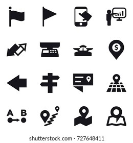 16 vector icon set : flag, touch, presentation, up down arrow, market scales, scales, dollar pin, left arrow, singlepost, map