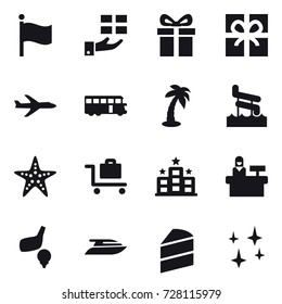 16 vector icon set : flag, gift, plane, bus, palm, aquapark, starfish, baggage trolley, hotel, reception, golf, yacht, shining