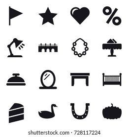 16 vector icon set : flag, star, heart, percent, table lamp, bridge, hawaiian wreath, restaurant, service bell, mirror, table, crib, goose, horseshoe, pumpkin