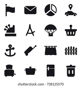 16 vector icon set : flag, mail, diagram, car pointer, cashbox, draw compass, suitcase, curtain, fence, toaster, pan, trash bin