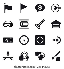 16 vector icon set : flag, money message, cell corection, smart glasses, nanotube, garage, ticket, watch, ring button, dish cleanser, wiping, toilet brush