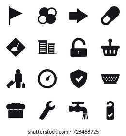 16 vector icon set : flag, atom core, right arrow, under construction, district, unlock, passenger, barometer, kolander, chef  hat, wrench, water tap, please clean