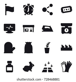 16 vector icon set : flag, alarm clock, molecule, ticket, gas station, iron, kitchen scales, cook glove, seedling, pills bottle, rabbit, clean floor, gloves