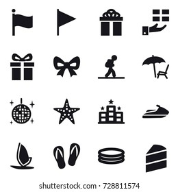 16 vector icon set : flag, gift, bow, tourist, lounger, disco ball, starfish, hotel, jet ski, windsurfing, flip-flops, inflatable pool