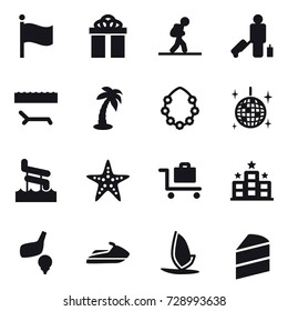 16 vector icon set : flag, gift, tourist, passenger, lounger, palm, hawaiian wreath, disco ball, aquapark, starfish, baggage trolley, hotel, golf, jet ski, windsurfing