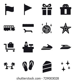 16 vector icon set : flag, gift, bus, lounger, disco ball, starfish, baggage trolley, reception, jet ski, yacht, palm hammock, flip-flops, shining