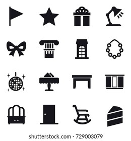 16 vector icon set : flag, star, gift, table lamp, bow, column, building, hawaiian wreath, disco ball, restaurant, table, wardrobe, dresser, door, rocking chair