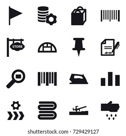 16 vector icon set : flag, virtual mining, shopping bag, barcode, store signboard, greenhouse, iron, towel, soil cutter, sow